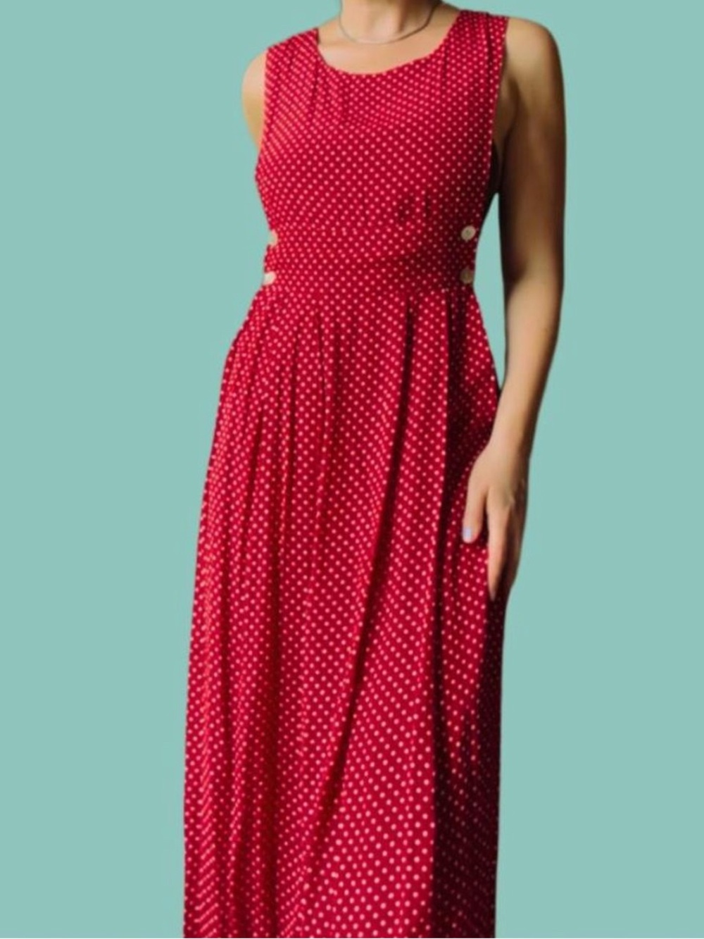 Vintage Red Polka Dot Pinafore Sleeveless Midi Dress